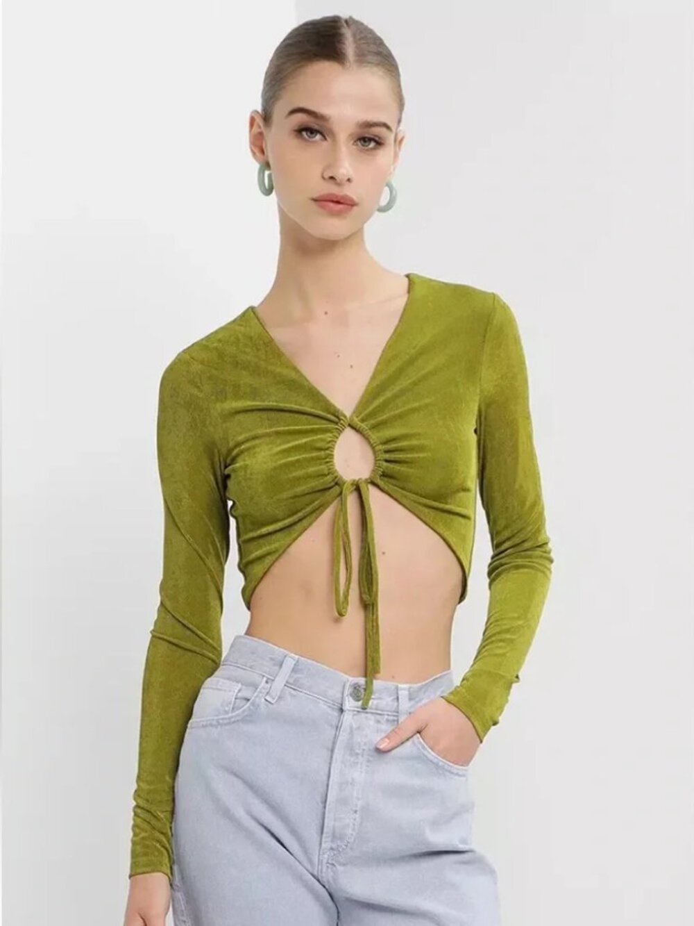 Peppermayo Crop Top Womens 2 Pea Green Slinky Tie‎ Front Festival Boho Clubwear